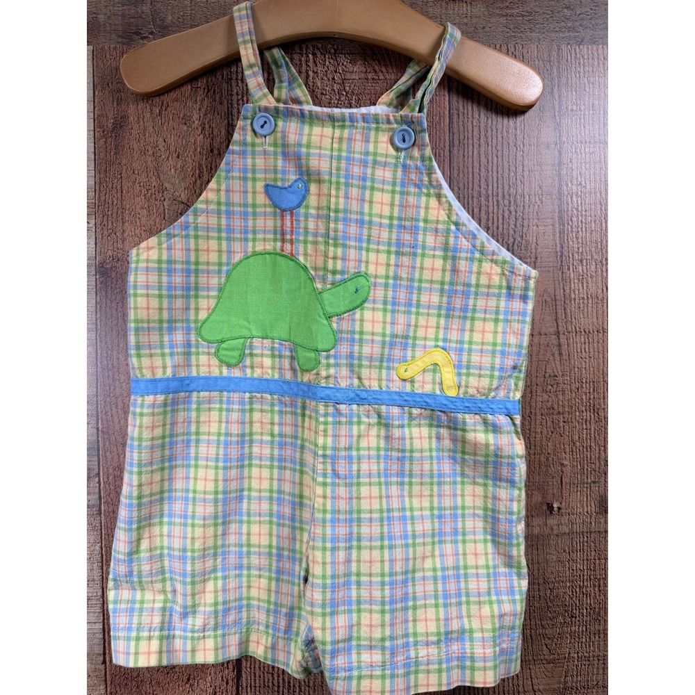 Vintage 12 Month Ragsland Embroidered Turtle Overalls Romper Plaid 24 Months